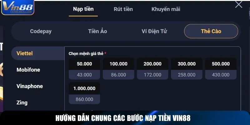 Hướng dẫn chung các bước nạp tiền Vin88