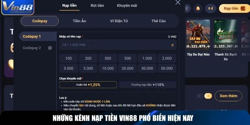 Những kênh nạp tiền Vin88 phổ biến hiện nay